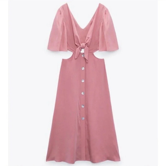 Zara Tie Bow Front Cut Out Midi Dress Light Pink NWT Size XL - Picture 1 of 10